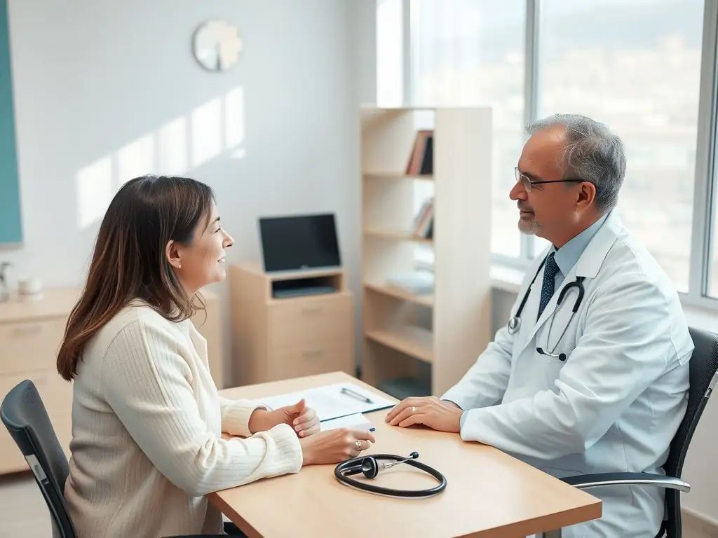 A smiling patient in a consultation room, discussing their surgical options with a friendly doctor.