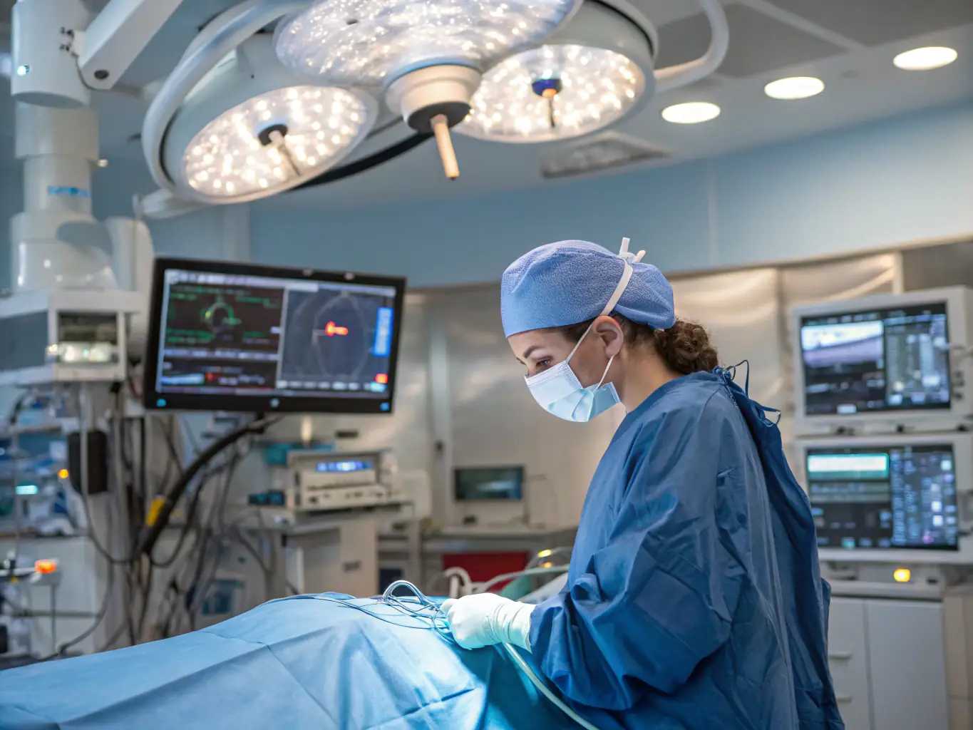 A detailed image showcasing a surgeon performing an endovascular procedure, with advanced imaging equipment visible in the background. The scene should convey precision and technological sophistication.