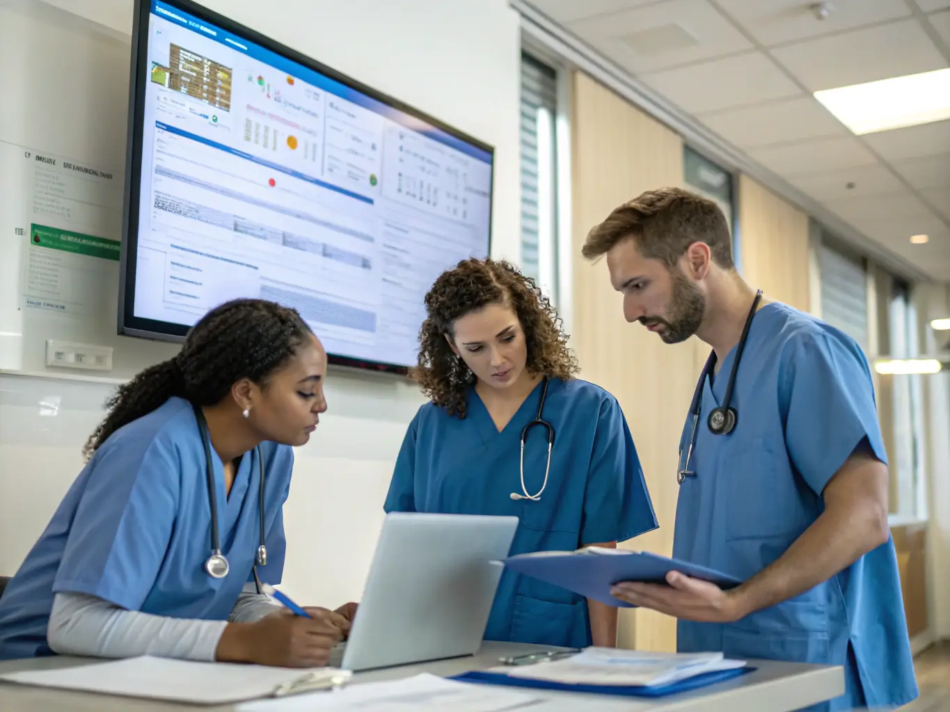 A team of surgeons in scrubs reviewing patient scans and discussing treatment plans in a brightly lit conference room.