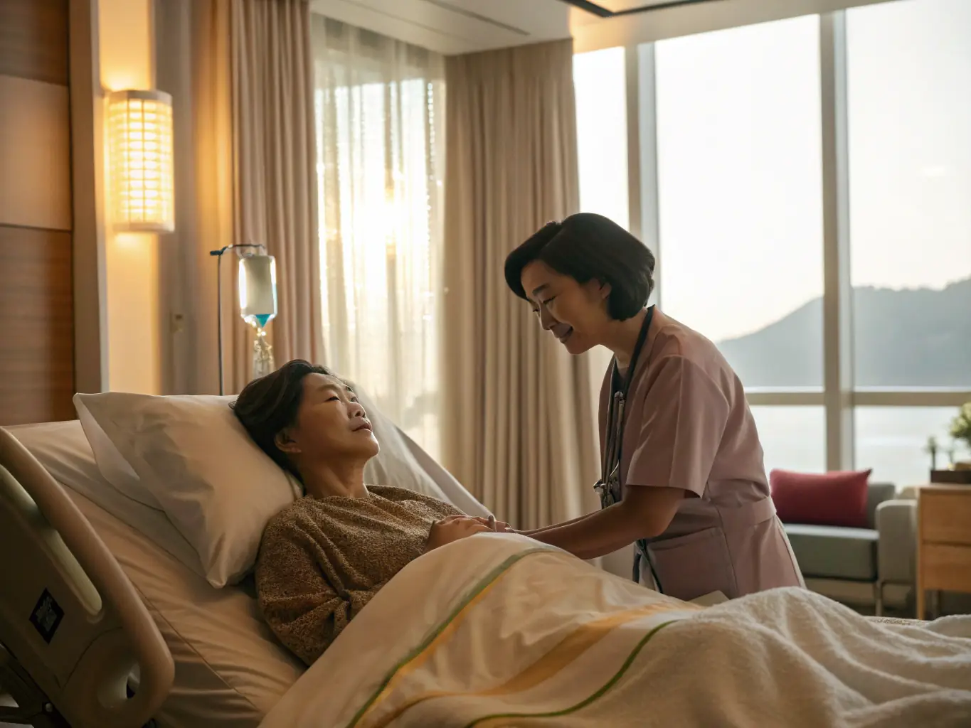 A patient resting comfortably in a hospital bed, surrounded by supportive medical staff.