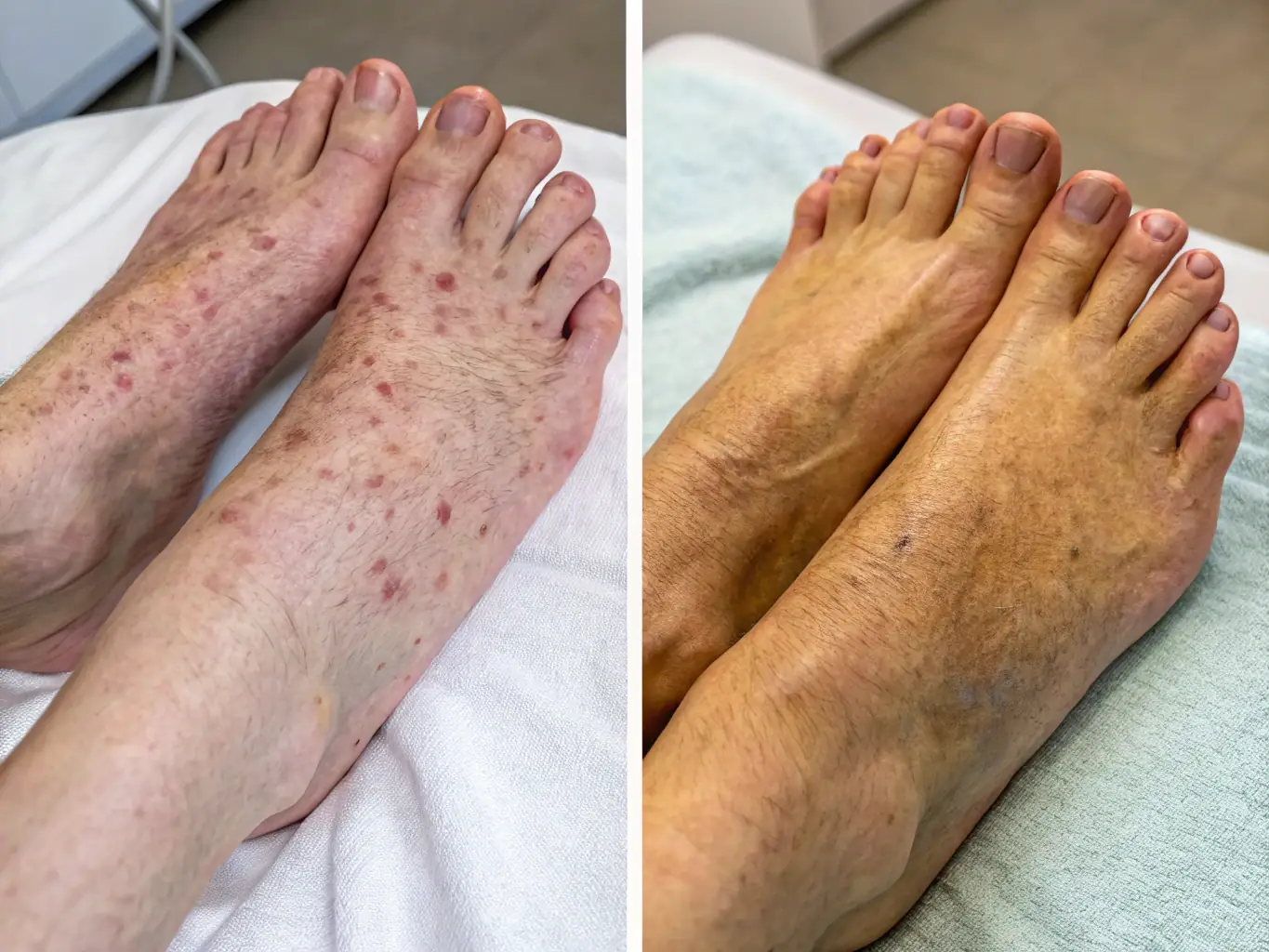 A detailed image of a patient's leg showing varicose veins before treatment, contrasted with an image of the same leg after successful treatment, highlighting the improvement in appearance and circulation.